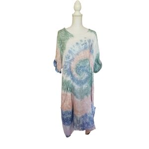 Prontomoda XL Linen Dress Pastel Tie Dyed Lagenlook Asymmetrical Pockets Beachy